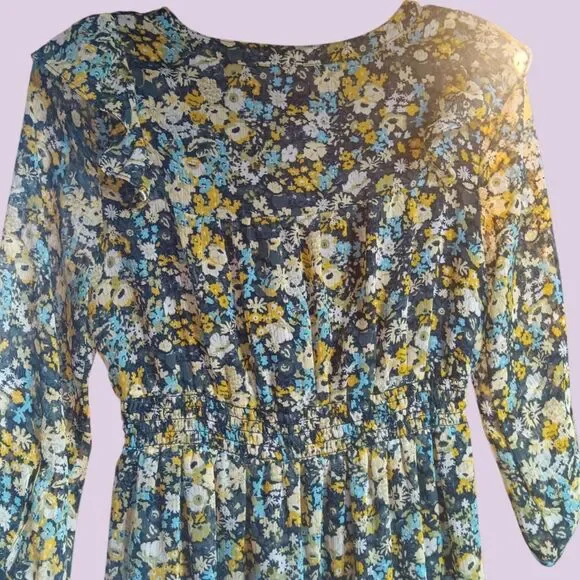 LOFT Floral Midi Shirt Dress Sz XS 0-2 Ruffle Blue Yellow - Picture 5 of 10